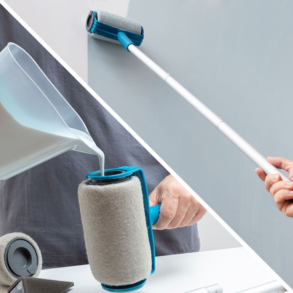 A collage showing a paint roller being filled with paint and another paint roller being used on a wall.