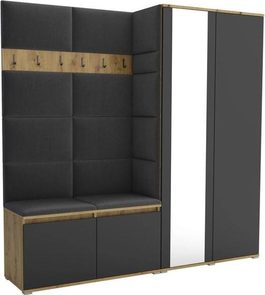 Garderoben-Set Noris IV mit Spiegel, gepolsterte Garderobe mit Sitzbank, Wandpaneelen und Stauraum (Farbe: Artisan Eiche/Schwarz + Trinity 15)