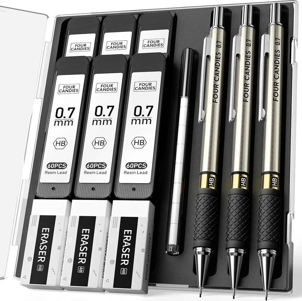 Porte-mines 0,7 mm avec 360 mines HB et 3 gommes pour dessin et écriture