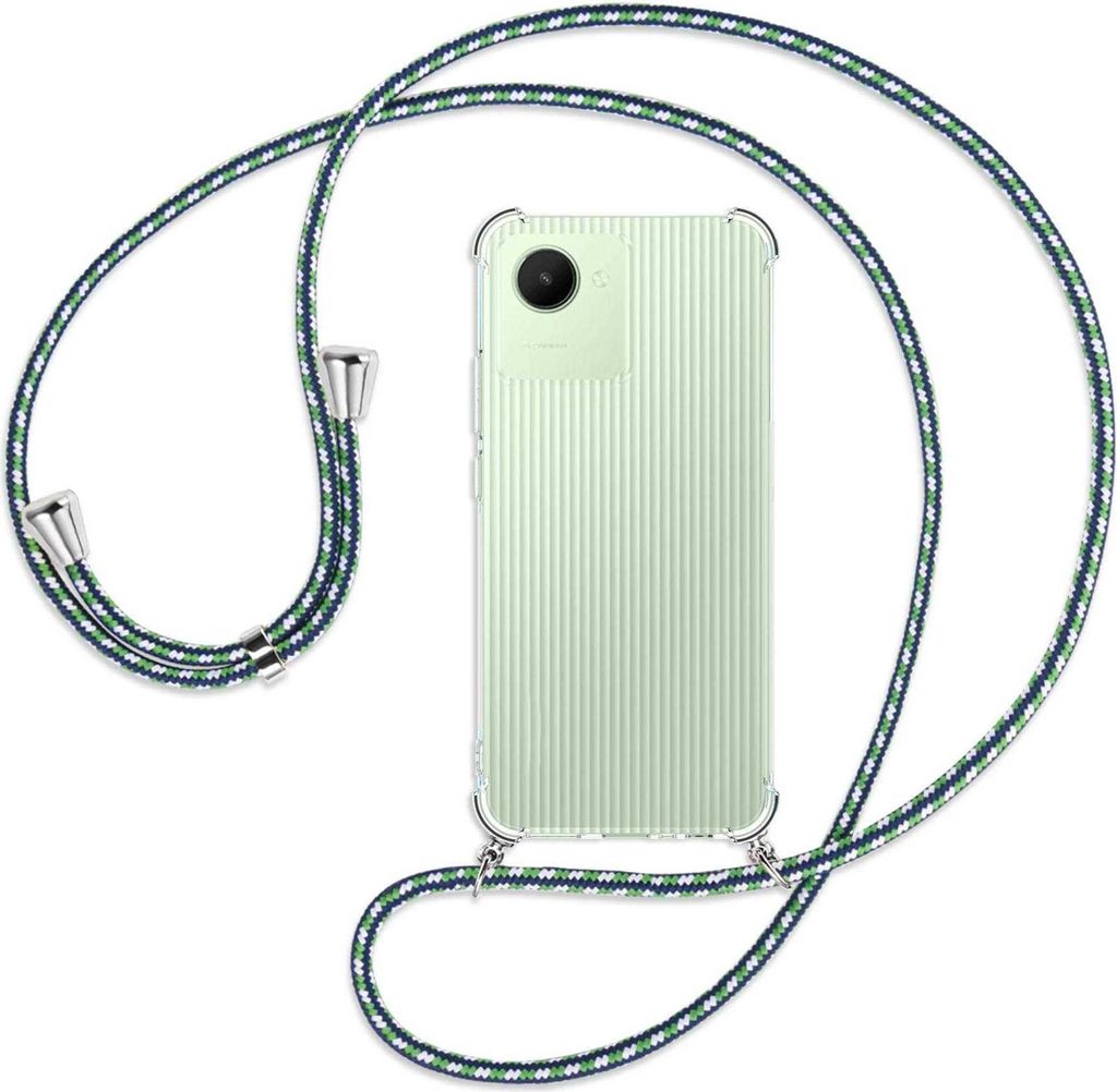 Handykette Backcover-Schutzhülle mit Band (Metall silberfarben) für Realme C30, Narzo 50i Prime - grün/blau/weiß