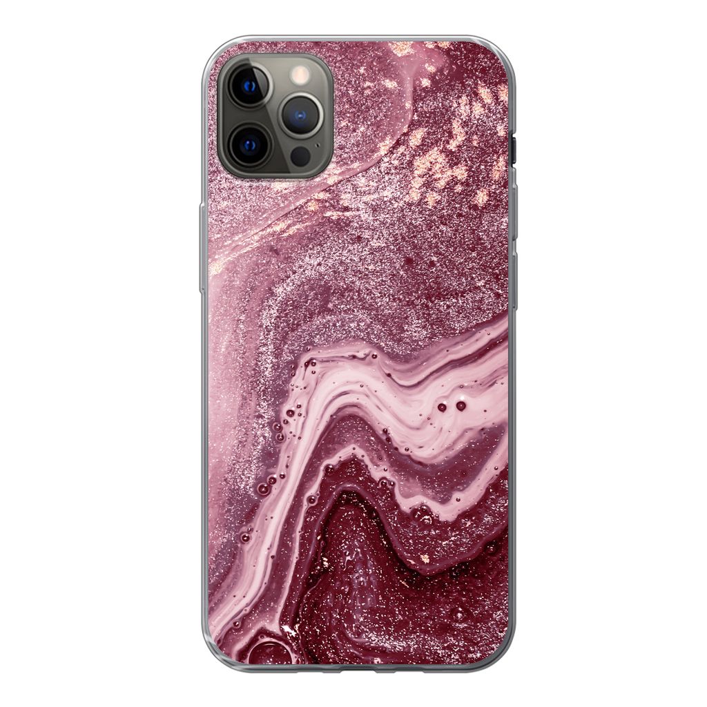 MuchoWow Handyhülle Schutzhülle Hülle für iPhone 12 Pro Max Naturstein - Rosa - Glitter Silikon Softcase Handy Hülle - Hartschale