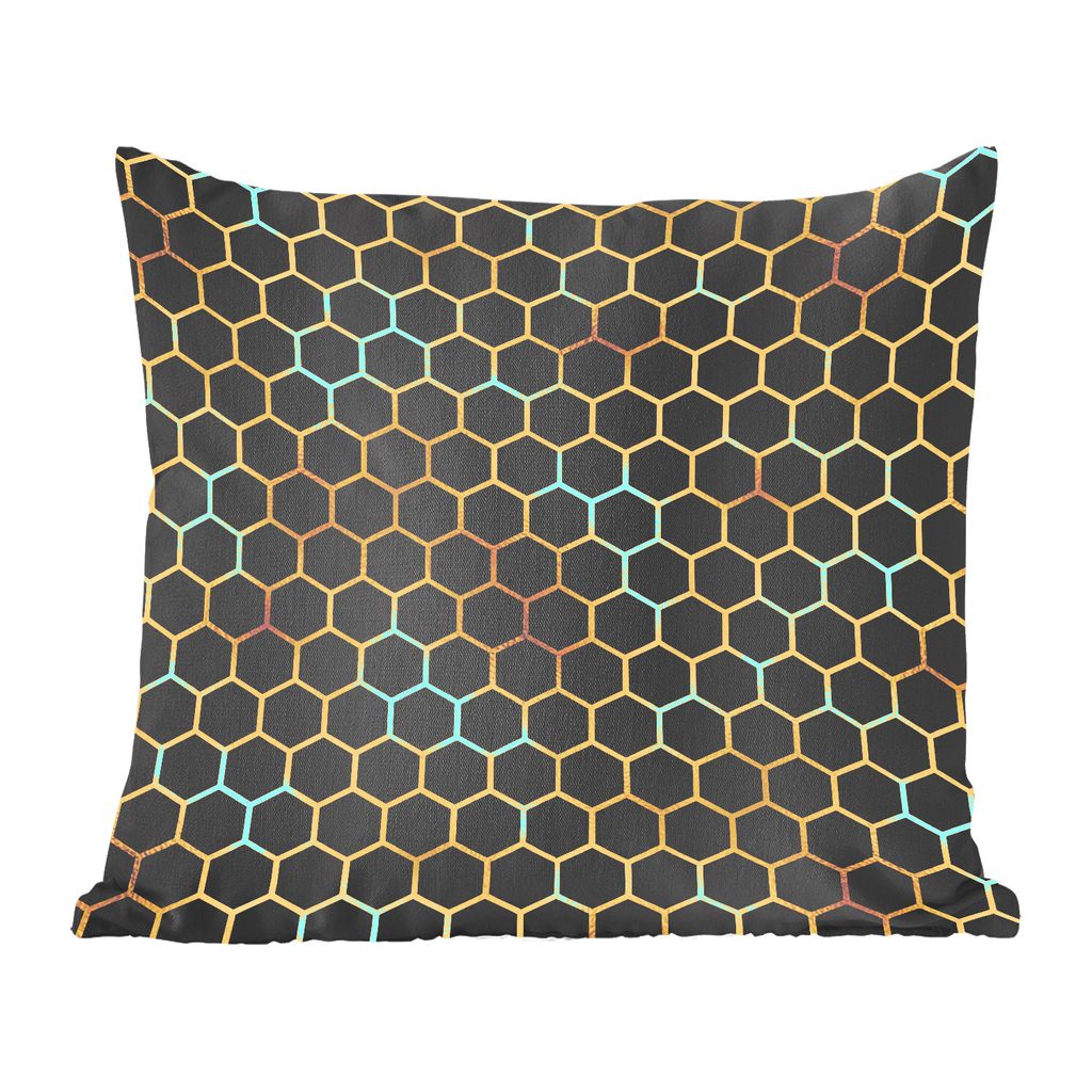 MuchoWow Zierkissen Sofakissen Wohnzimmer Dekokissen 60x60 cm Muster - Sechseck - Gold - Schwarz - Sitzfläche - Foto Polster