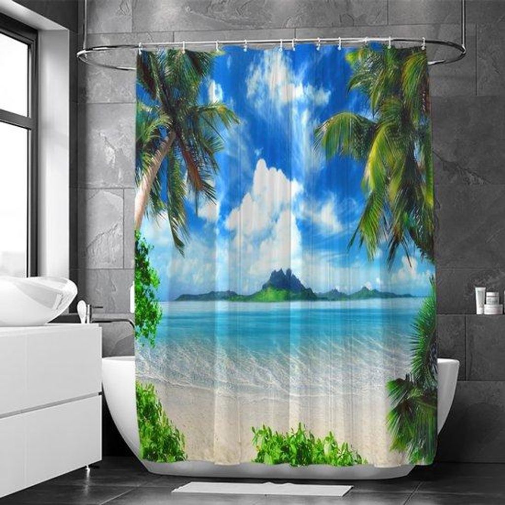 Unyqoos atemberaubender Duschvorhang mit Wasserfällen, Wäldern und Strand – Anti-Schimmel-Design mit 12 Ringen