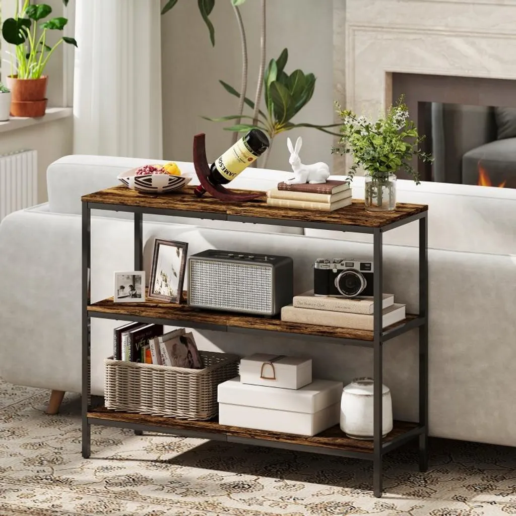 Table d'appoint industrielle à 3 niveaux en bois et métal marron clair