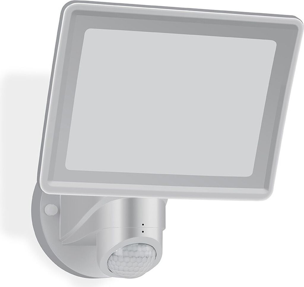 A white LED outdoor light with a motion sensor, mounted on a wall.