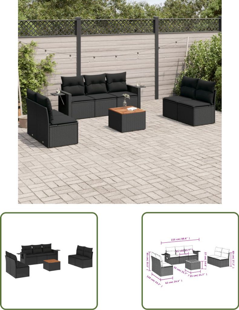 The Living Store 8-tlg. Garten-Sofagarnitur mit Kissen Schwarz Poly Rattan