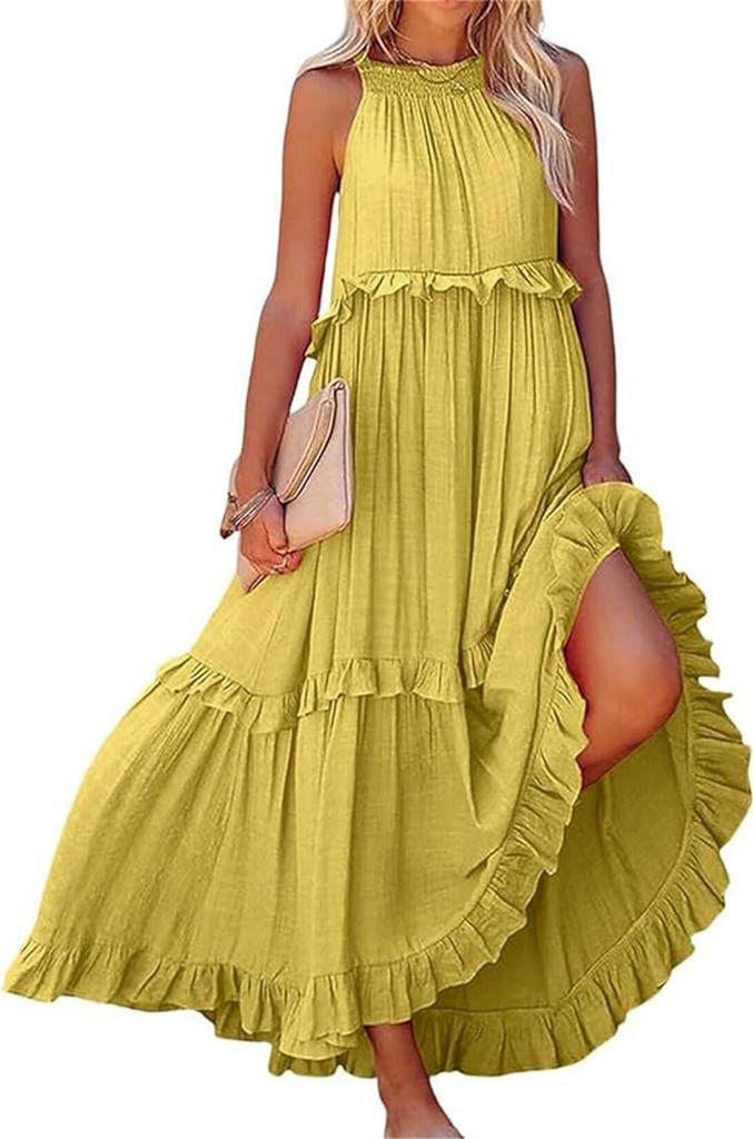 ASKSA Damen Langes Kleid Sommer Big Swing Strandkleid y Kleid Women Cover up Bikini Maxi Beachwear Kleider, Gelb, Groesse: XXL
