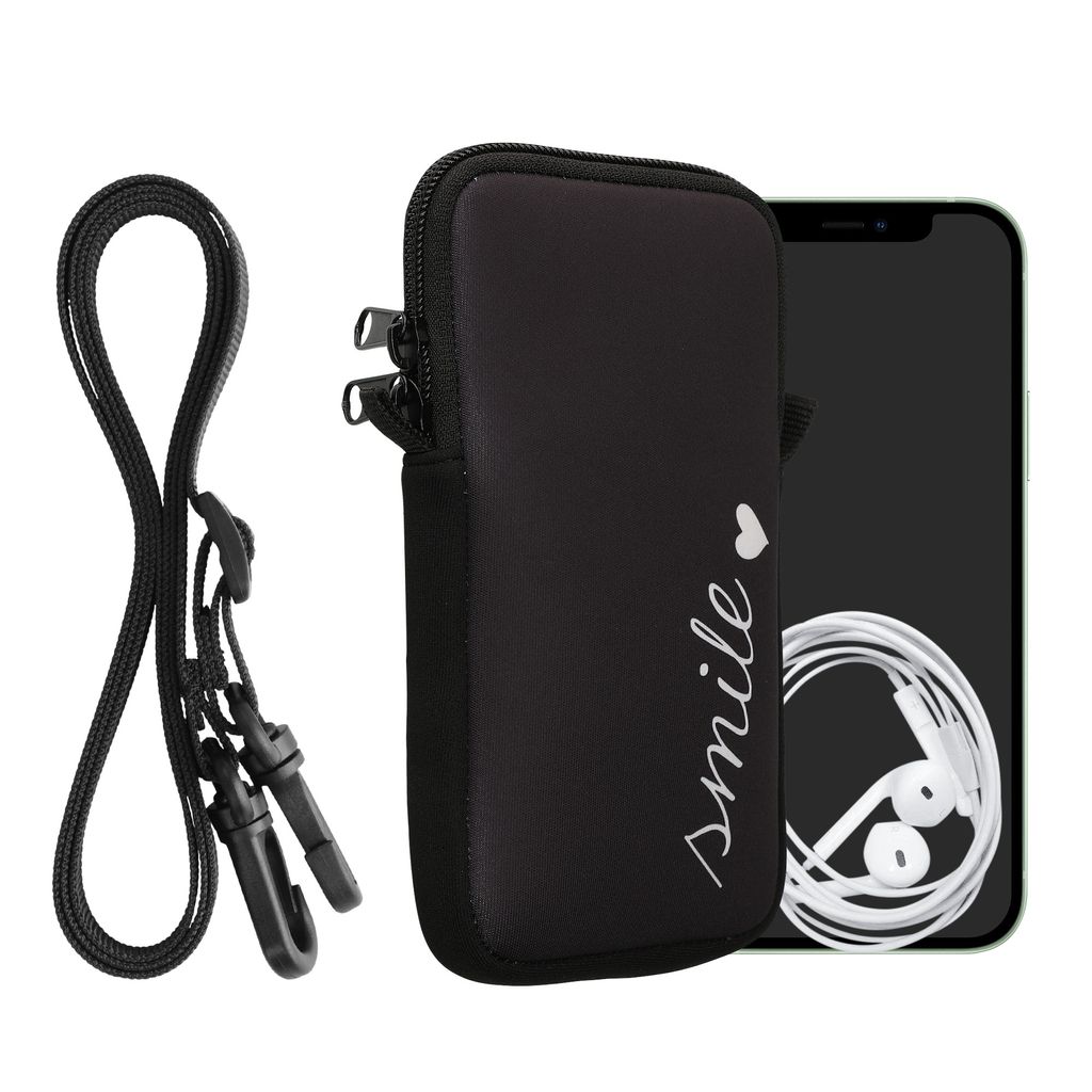 kwmobile Handytasche für Smartphones XXL - 7" - Neopren Handy Hülle Weiß Schwarz - Handy Tasche mit Kette 17,7 x 8,5 cm Innenmaße - Smile Herz