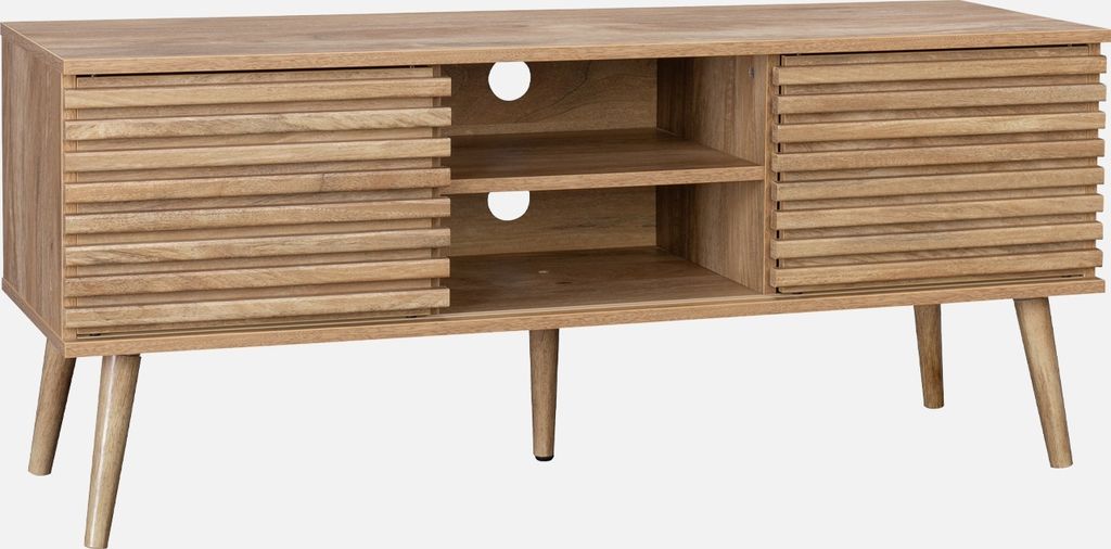 A wooden TV stand with slatted doors and angled legs, presented against a plain white background.