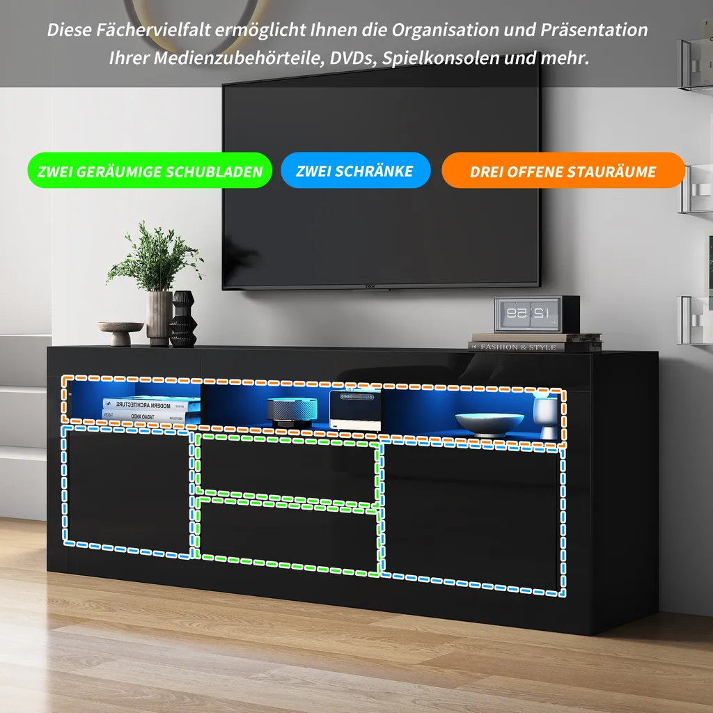 Banc TV Moderne Laqué Blanc avec Rangement Multimédia et Éclairage LED App