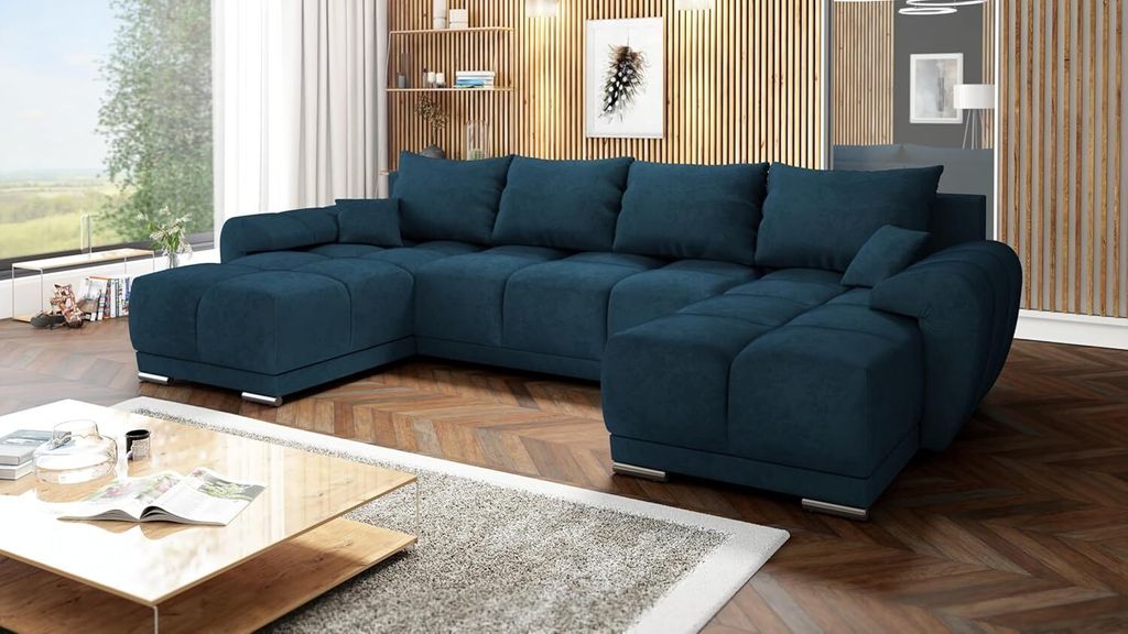 Velvet Ecksofa in U-Form – Marineblau M77 Sofa – Couch mit Stauraum und Kissen - Ausziehbares Schlafsofa – Sofa mit Schlaffunktion - Schlafso...