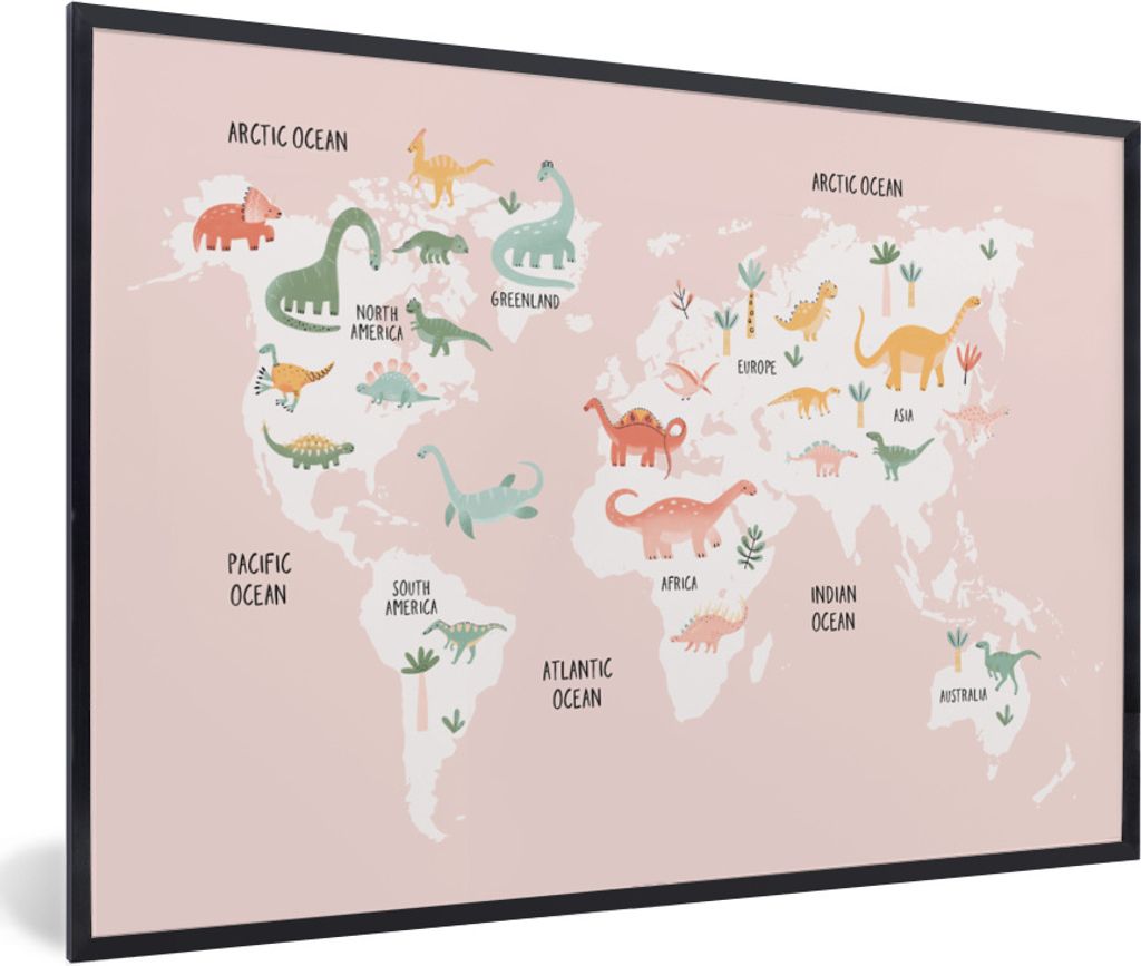 MuchoWow Gerahmtes Poster Weltkarte - Kinder - Dinosaurier 60x40 cm - Poster mit Schwarzem Bilderrahmen Wandposter Rahmen Foto Bilder - Printing ...