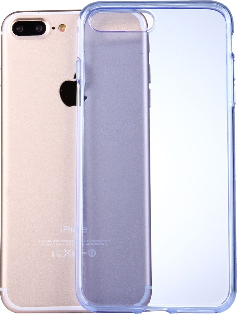 A gold iPhone 8 Plus/7 Plus is shown next to a transparent blue phone case.