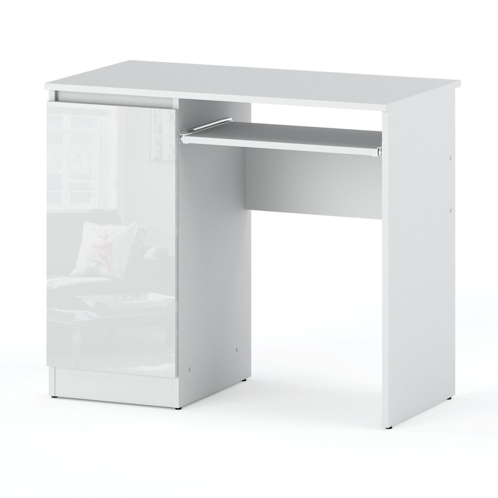 STIV Möbel | Schreibtisch 90x50x77 cm Weiß Matt / Weiß Hochglanz | Computertisch mit Tür & Tastaturauszug | Linksseitiger Schrank