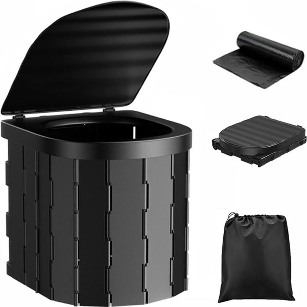 Tragbare Campingtoilette mit Deckel - kompakt & mobil, inkl. 24 Müllbeutel, hygienische Outdoor-Toilette für Camping, Reise & Notfälle, Schwarz