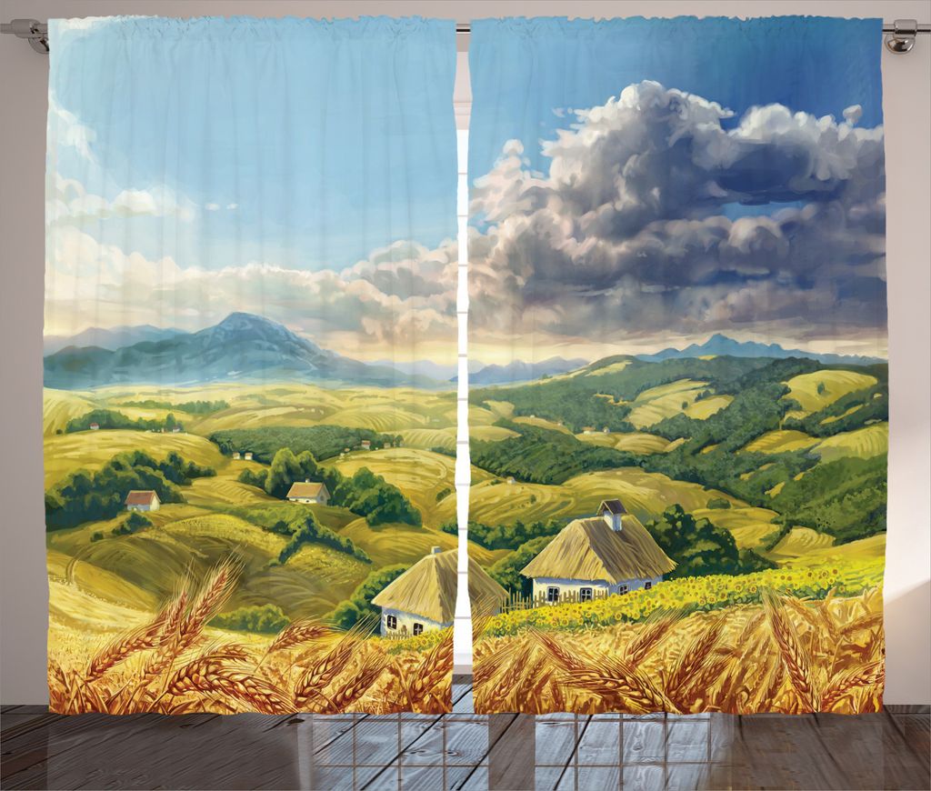 ABAKUHAUS Landschaft Rustikaler Vorhang, Sommerferienhäuser, Wohnzimmer Universalband Gardinen mit Schlaufen und Haken, 280 x 245 cm, Grün Weiß ...