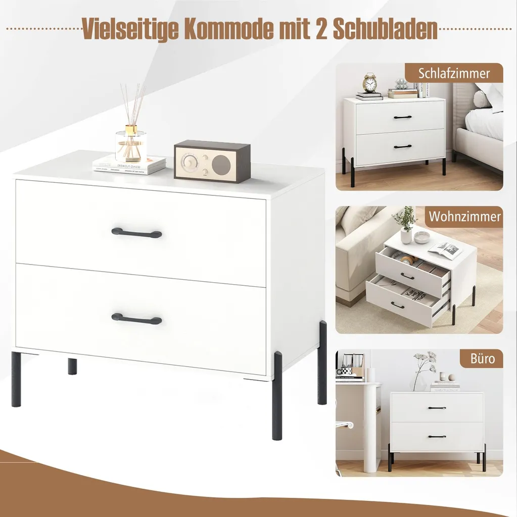 Commode de chambre à 2 tiroirs blanche, meuble de rangement 71 cm - 5