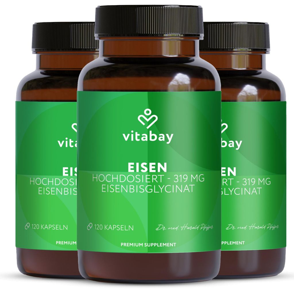 Vitabay Eisen 319 mg - 360 vegane Kapseln mit Eisenbisglycinat - 3er Pack - Hochdosiertes Eisenpräparat - Vorrat für 12 Monate