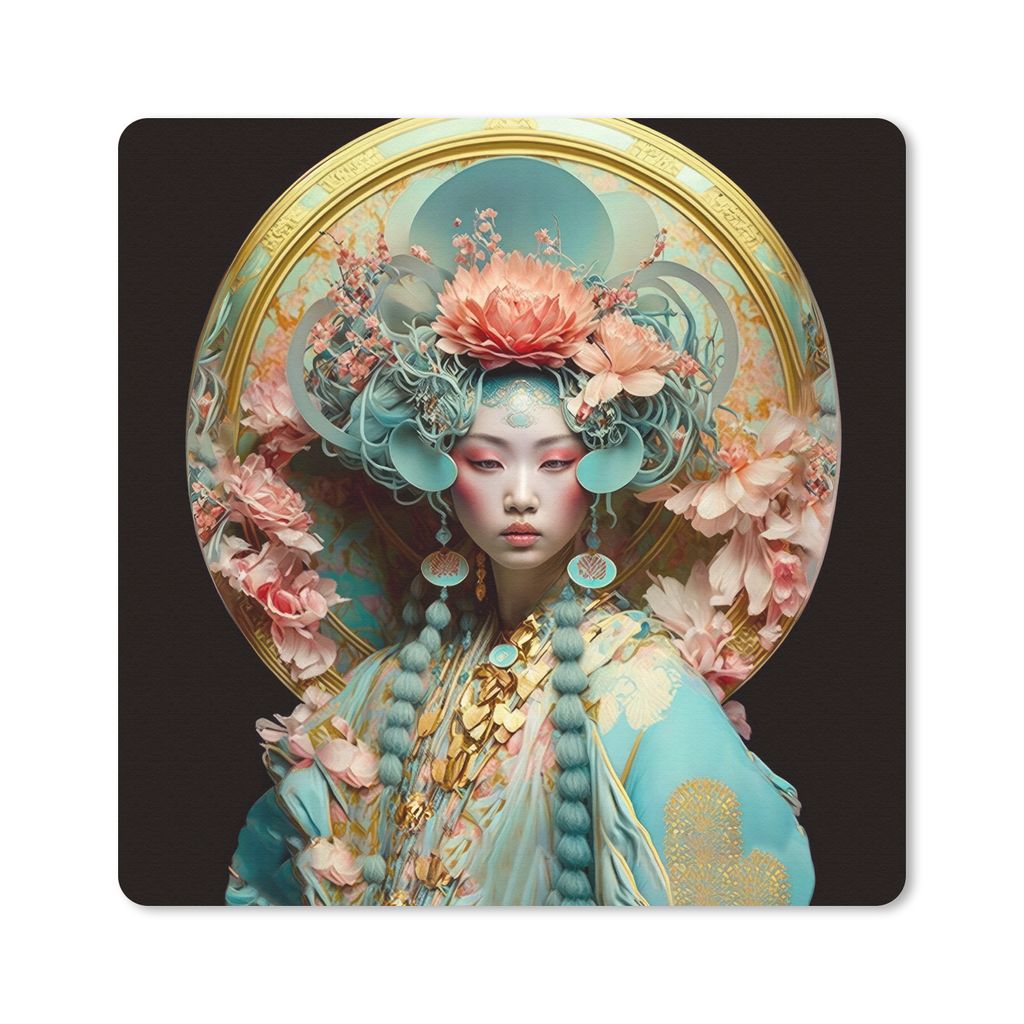 MuchoWow Mauspad Mousepad Frau - Blumen - Rosa - Porträt - Asiatisch 30x30 cm - Mousepads - Maus Mat - Pad - Mausunterlage - Gaming