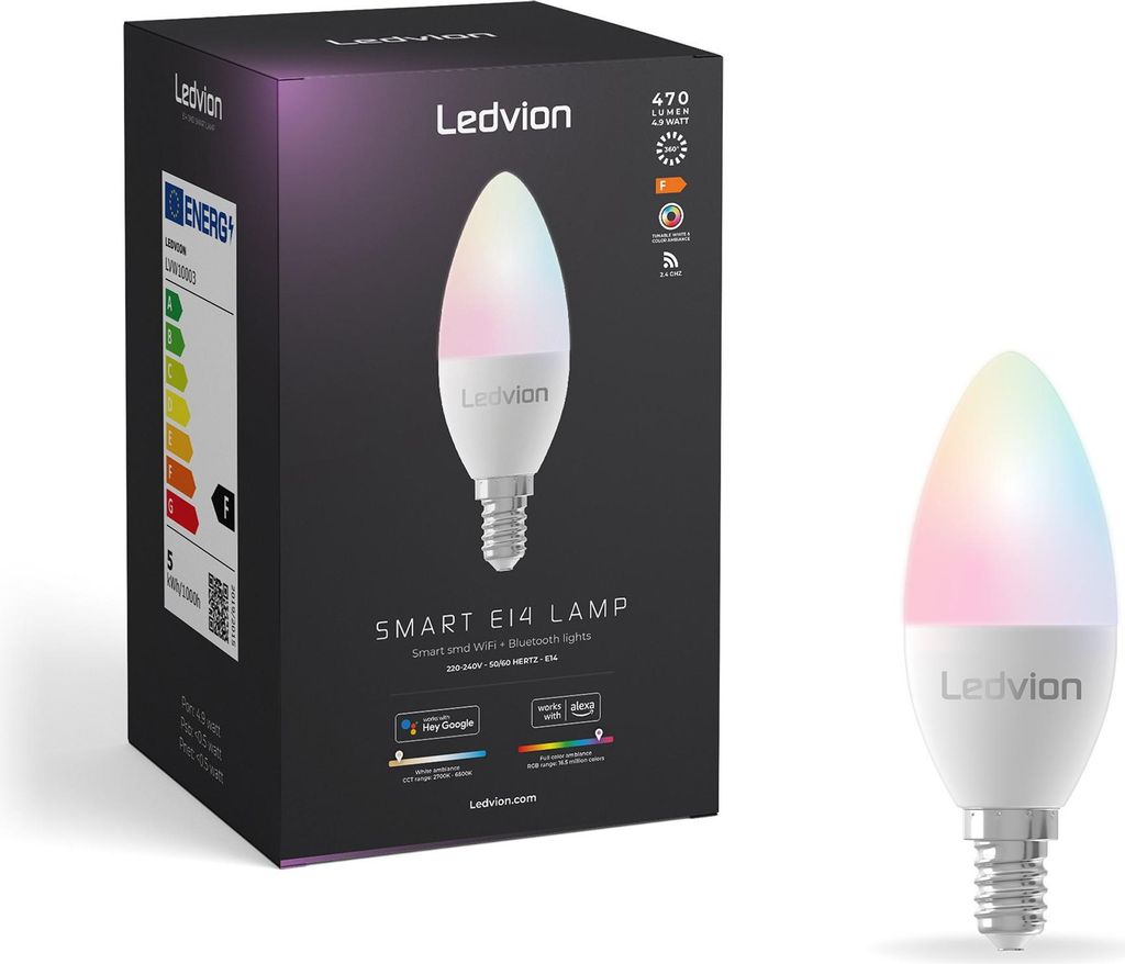 Ledvion - Smart RGB+CCT E14 LED Lampe, 5W, 470 Lumen, Wi-Fi Beleuchtung, Wi-Fi Lampe, Dimmbar, Alexa & Google Home