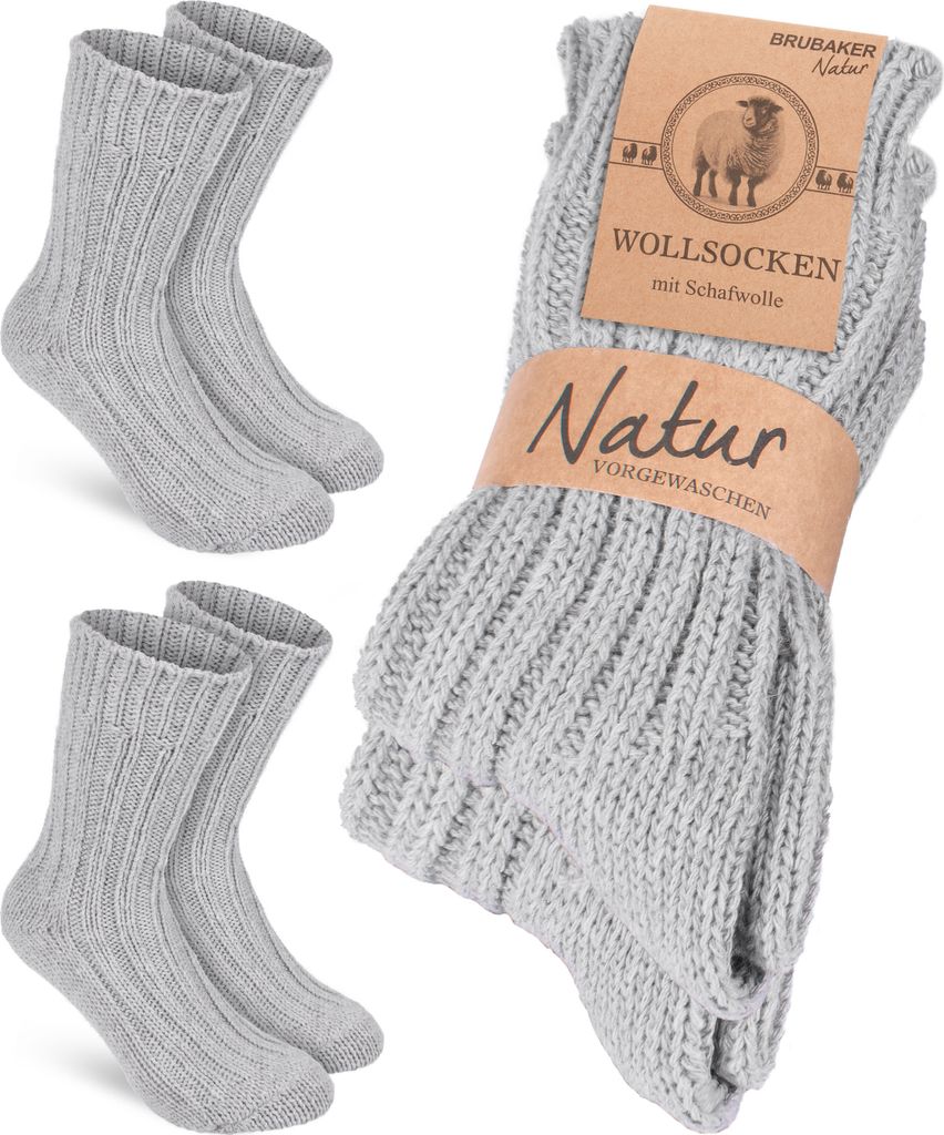 BRUBAKER 2 Paar Wollsocken - Wintersocken für Damen und Herren - Warme Winter Socken - Thermosocken Stricksocken, Grau, Größe 35-38