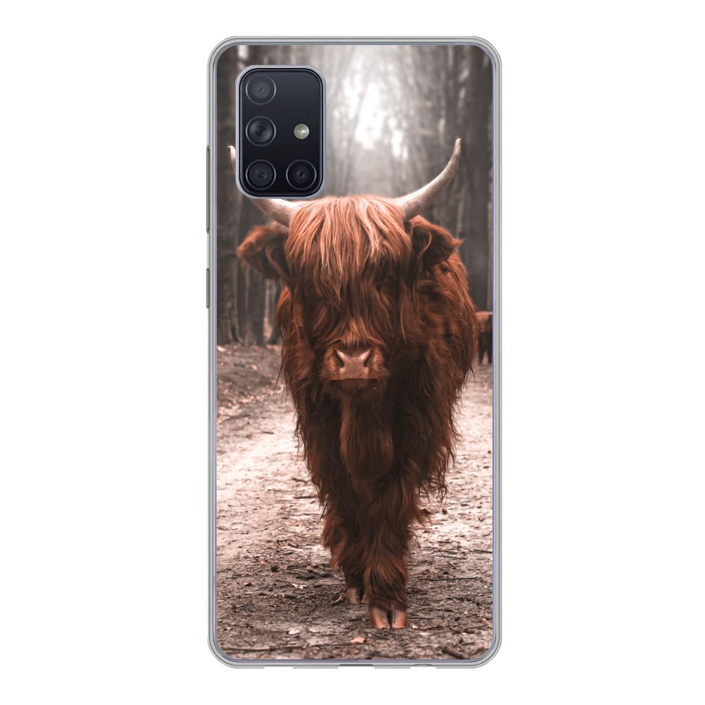 MuchoWow Handyhülle Schutzhülle Hülle für Samsung Galaxy A51 5G Schottischer Hochländer - Wald - Kuh - Tiere - Natur Silikon Softcase Handy ...