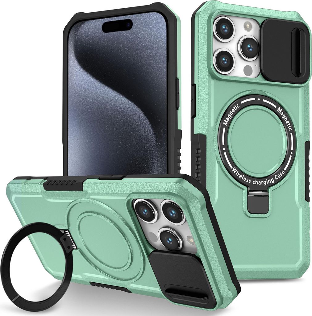 Handyhülle für iPhone 15 Pro Kompatibel mit MagSafe, Robuste Hülle mit Schiebe Kamera Schutz, Magnetischer Ringständer Grün