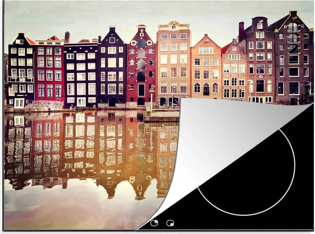 KitchenYeah Herdabdeckplatte Amsterdam - Haus - Reflexion , 65x52cm, Küche Deko, Glaskeramikfeld Herdabdeckung, Abdeckplatte fùr Kochfeld