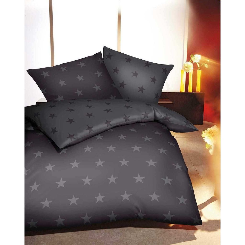 Kaeppel Biber Bettwäsche Stars Sterne 100% Baumwolle Reißverschluss Bettbezug Kissenbezug Bettgarnitur Bettwäsche-Set Bettzeug 135x200 cm Zinn