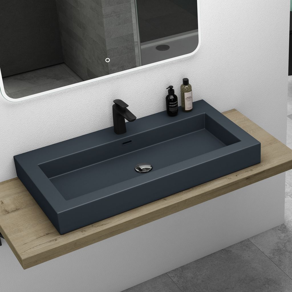 Mai & Mai Waschbecken Hänge-Waschtisch Aufsatz-Waschschale Mineralguss Anthrazit matt 1 Armaturenloch recht-eckig Breite: 90 cm col18