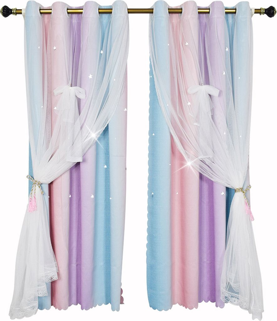 2 Stück Vorhang Blickdicht Gardinen Stern Doppelschicht Ösenvorhänge mit Voile für Schlafzimmer Wohnzimmer Kinderzimmer, Lila, B130xH160cm