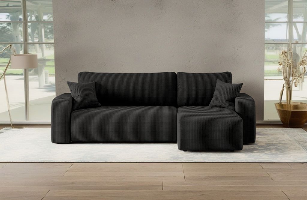 Kaiser Möbel Ecksofa mit schlaffunktion und bettkasten, Eckcouch MILANO L stoff Poso Dicker Cord Schwarz Rechts