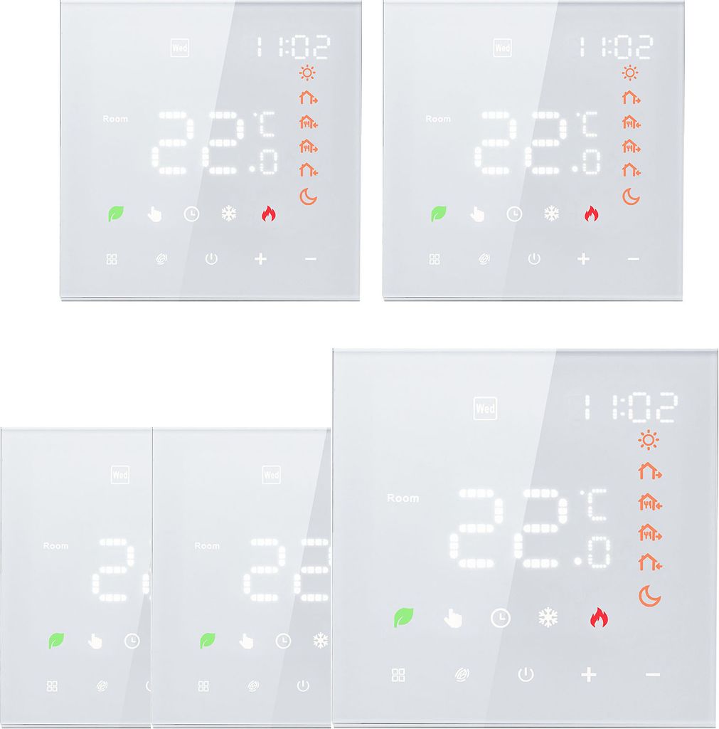 A collage of four digital thermostats with white casings and LCD screens displaying temperature and time.