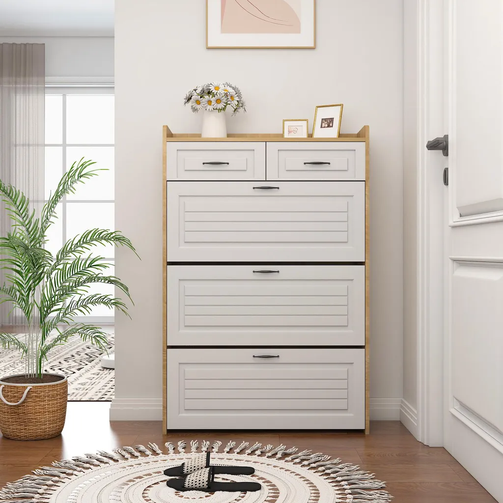Meuble à chaussures pivotant Naturel et Blanc - 3 portes et 2 tiroirs