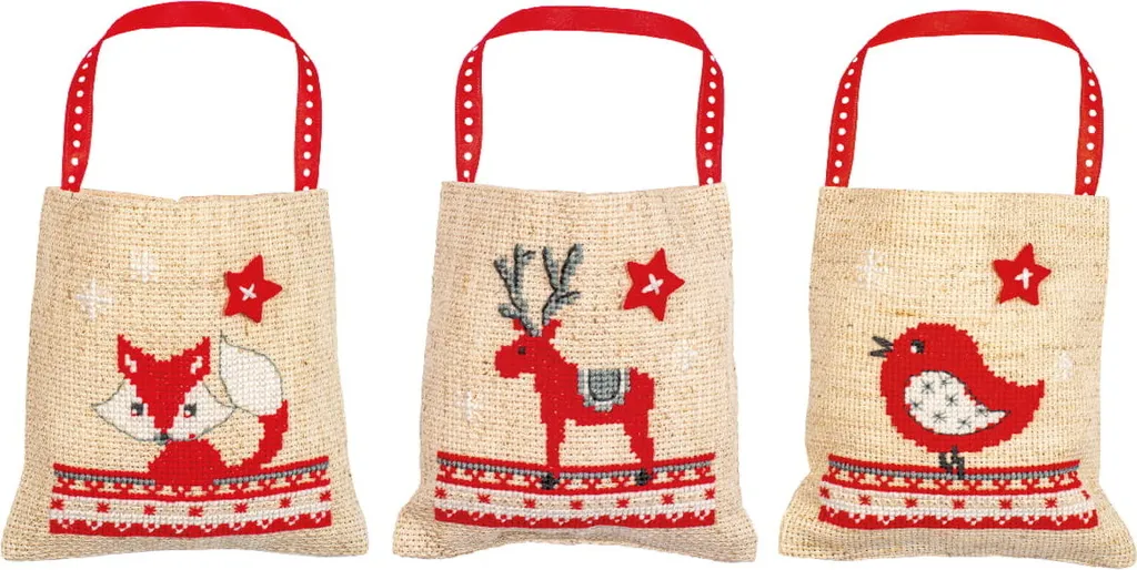 Kit broderie Noël facile : Finissez vos 2 sacs Vervaco 9x9cm en un clin d'œil