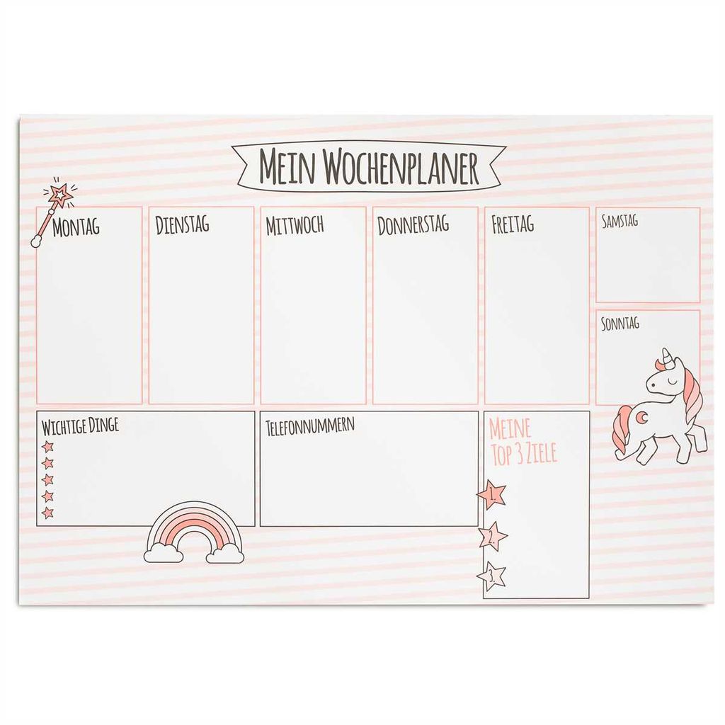 1 Schreibtisch-Unterlage Mein Wochenplaner mit Einhorn-Motiv I DIN A3 I 40 Blatt I Papier rosa Geschenk-Idee für Mädchen Kinder Schulanfang I dv_001