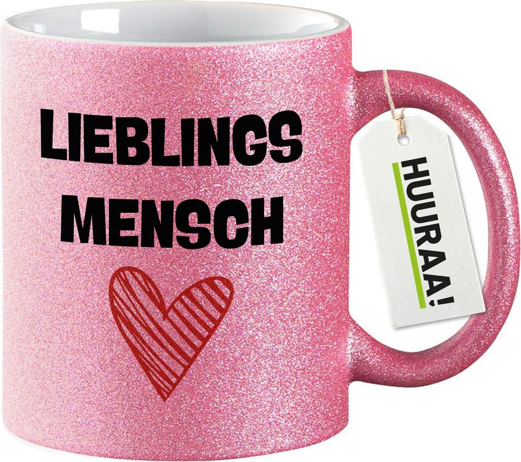 Huuraa Glitzertasse Lieblingsmensch Herz 330ml Pink Keramik Kaffeebecher Geschenkidee