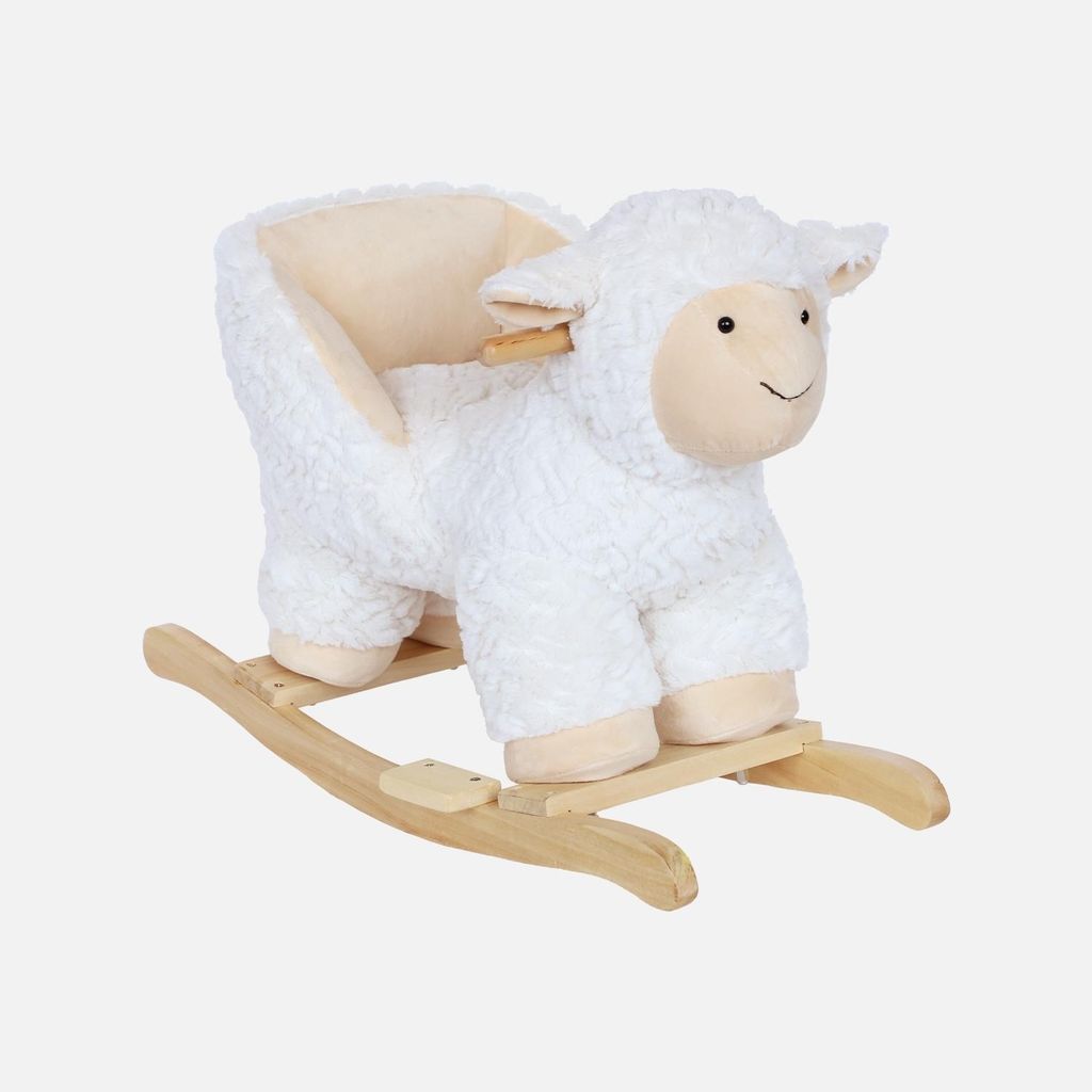 A white plush sheep rocking toy for children, shown from a side angle on a light gray background.
