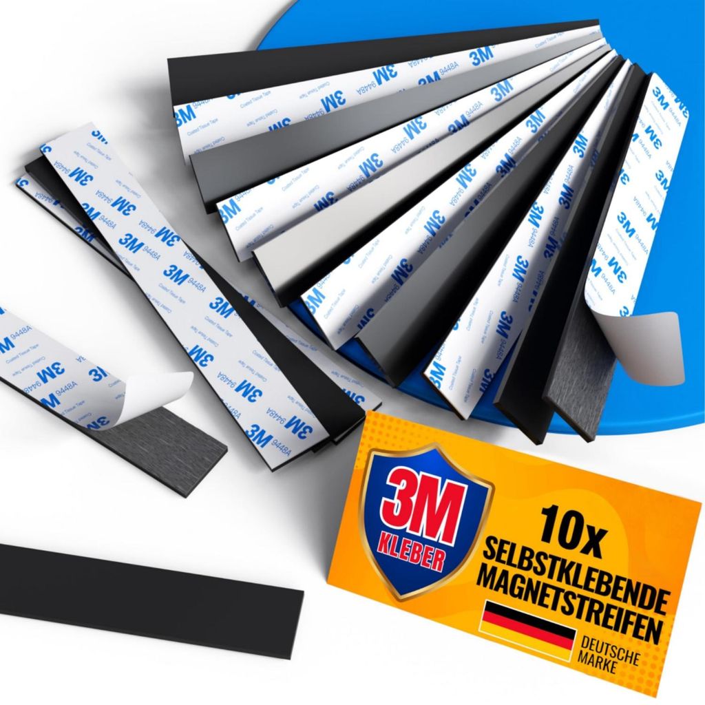 Selbstklebende Magnetstreifen 10 Stück – starkes Magnetband mit 3M Kleber, 20 cm, sicherer Halt für fast alle Metallobjekte