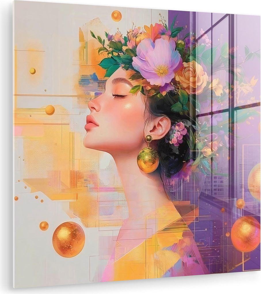 MuchoWow Glasbilder - Bilder auf Wandbild - Foto auf Glas Abstrakt - Frau - Blumenkrone - Gold 90x90 cm Wanddekoration aus Glas - Acrylglasbild - A...