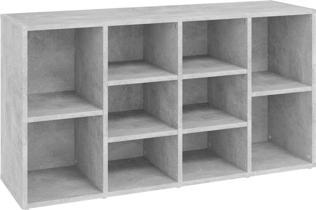 A concrete gray shoe cabinet with multiple cubbies.