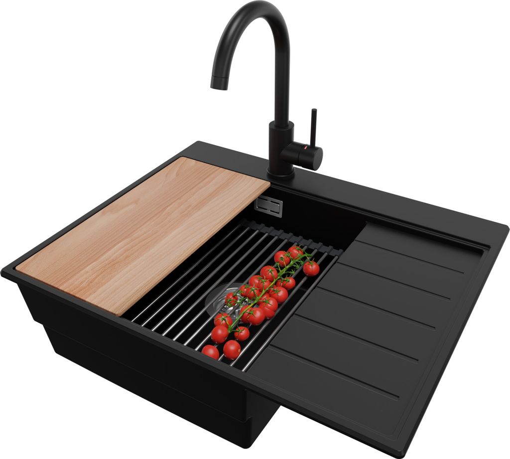 PRIMAGRAN Granitspüle Schwarz 62x50cm, Spülbecken 1 Becken + Küchenarmatur 32x20cm + Ablauf-Set + Küchenzubehörset, Küchenspüle ab 45er Unte...
