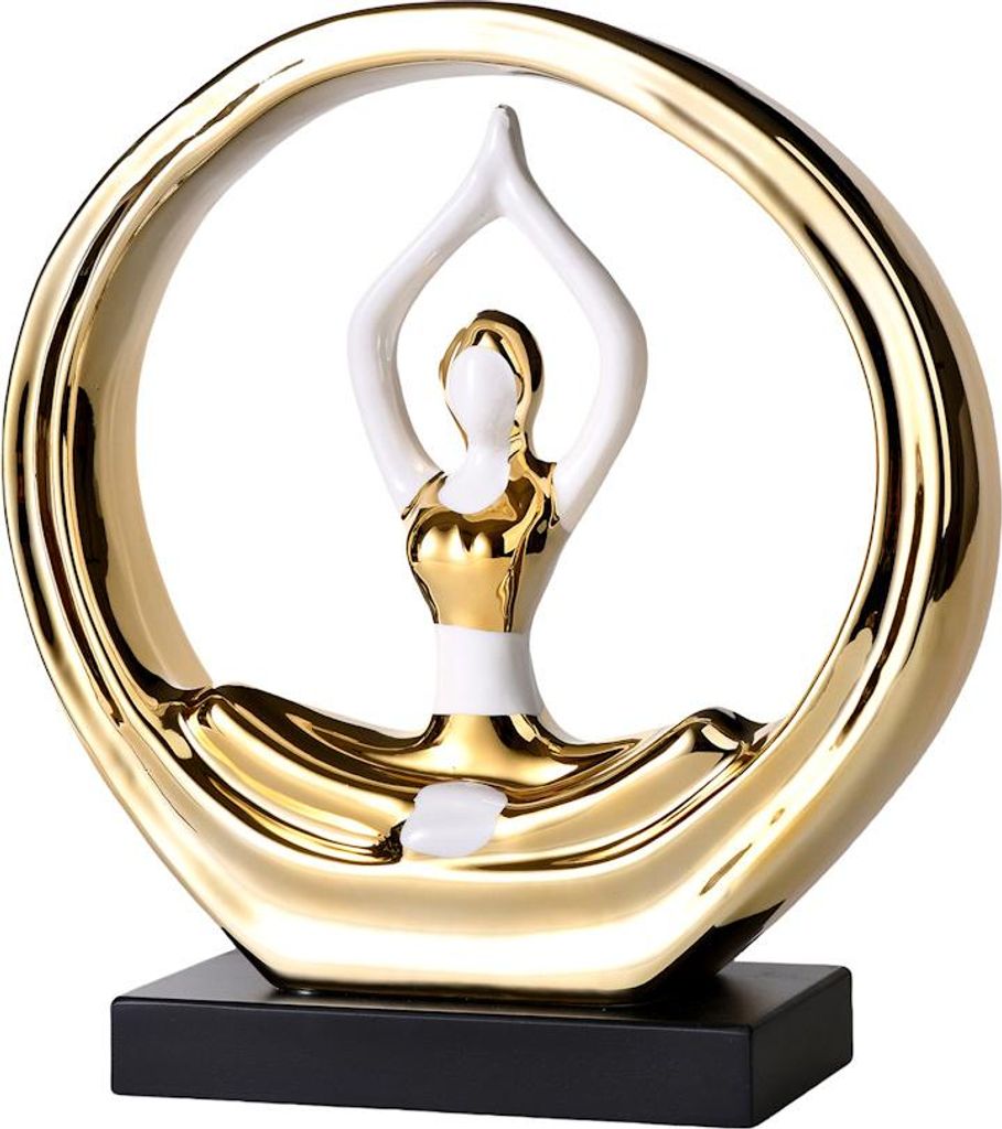 Yoga Figur Frau Skulptur in Meditationshaltung - Deko Statue Gold aus Polyresin mit rundem Rahmen 26 x 8,8 x 27 cm - Wohnaccessoire für Wohnzimmer...