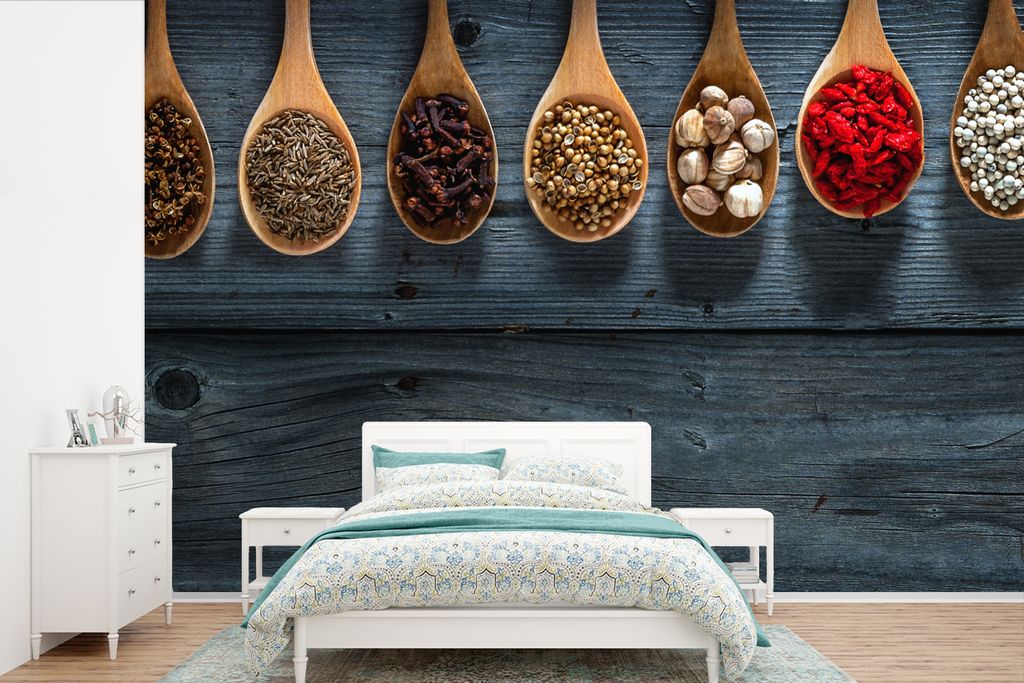 MuchoWow Fototapete für Wohnzimmer oder Schlafzimmer Wandtapete Vinyl Motivtapete Gewürze - Löffel - Holz - Küche - Gewürze - Industrie - 42...