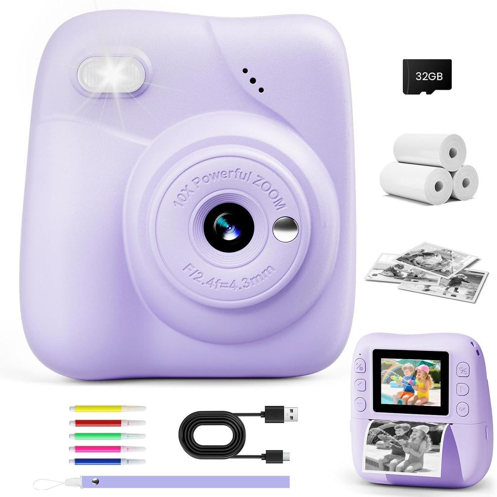 Kinder Sofortbildkamera mit 1080P Video, 48MP Digitalkamera, tintenloser Sofortdruck, 32GB Speicherkarte & 3 Druckpapierrollen, Geschen 3–12 Jahre