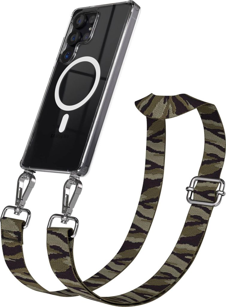 EAZY CASE - Handykette mit MagSafe Hülle für Samsung Galaxy S25 Ultra, Handyband Camouflage Style, Karabiner Silber, Umhängeband in Grün