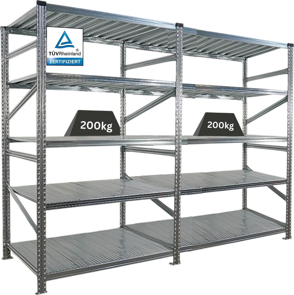 Fachbodenregal PROXIMO mit Stecksystem | Komplettregal | HxBxT 200x240x80cm | 5 Ebenen | Fachlast 200 kg | Beidseitig nutzbar | Verzinkt