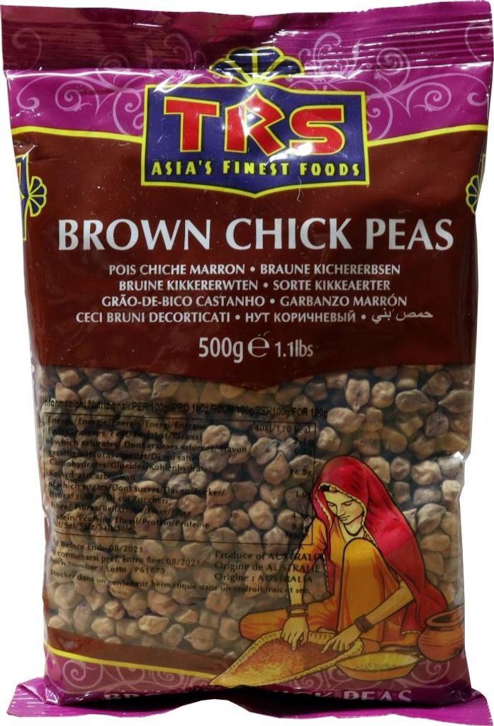 A bag of brown chick peas with a graphic of a woman in traditional Indian attire.