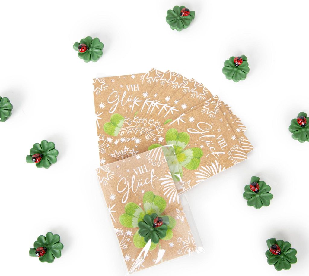 10 grüne Kleeblätter mit "Viel Glück" Karte kleines Geschenk