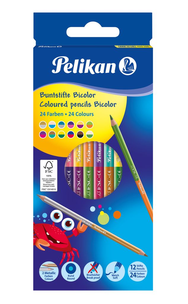 Pelikan Bicolor - Farbstift mit doppelter Spitze - weich - verschiedene Farben - 3 mm - dünn (Packung mit 12)